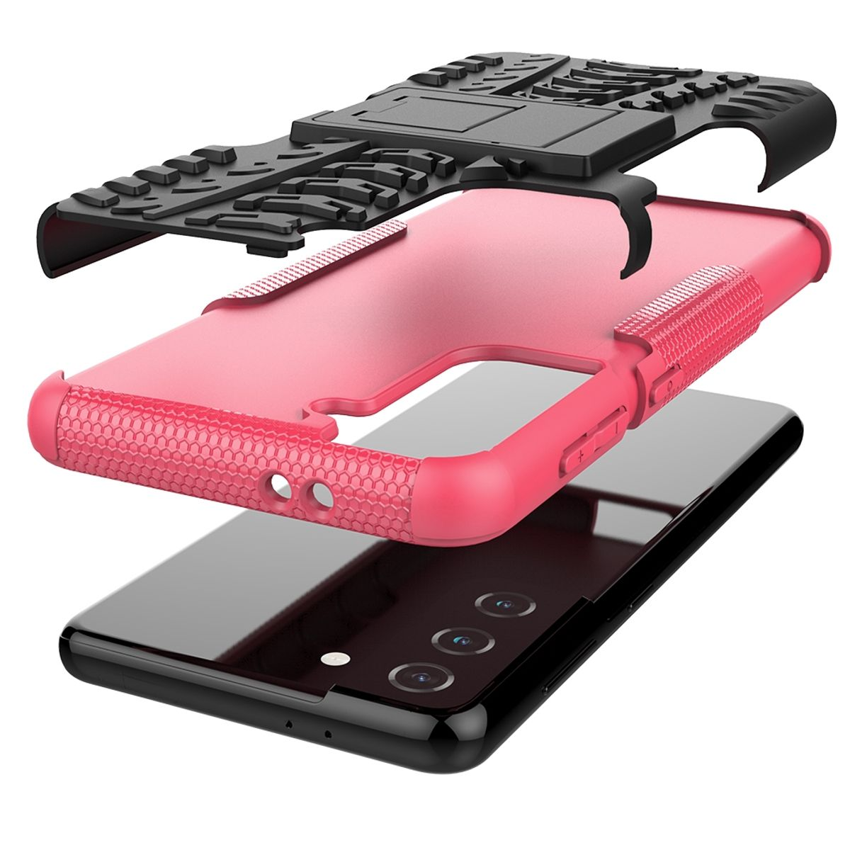 Explosionsansicht einer Handyhülle, die Schichten zeigt: schwarz, rosa und schwarzes Telefon.