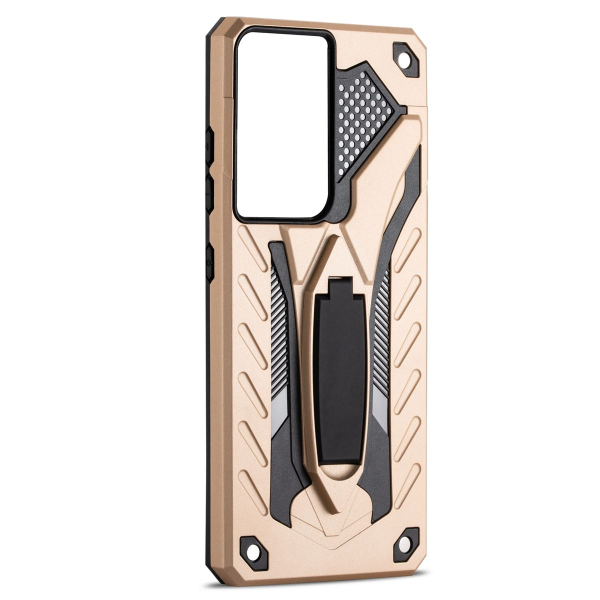 Gold-schwarze Handyhülle mit Ständer, die ein Telefon im Inneren zeigt.