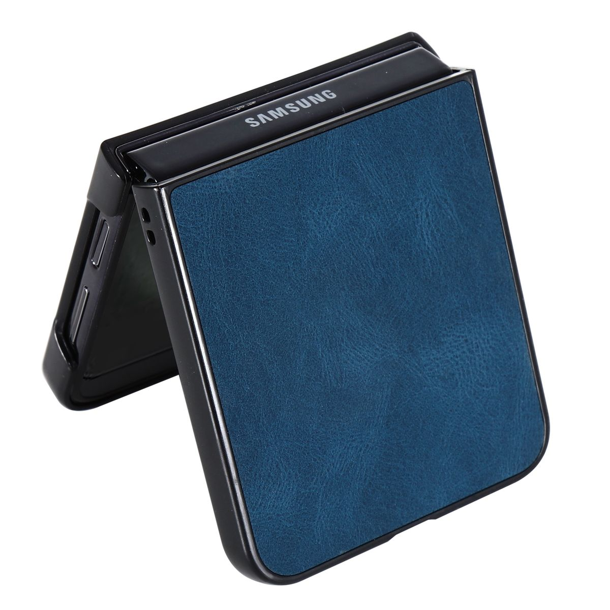 Faltbares Smartphone in einem blauen Lederetui, schwarzer Rahmen, Samsung Logo.