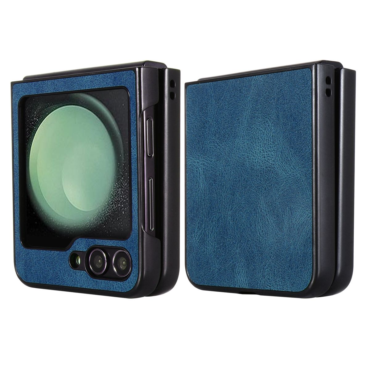 Zwei zusammengeklappte Handyhüllen, blaues Lederdesign. Zwei offene Handyhüllen, die die Innenseite zeigen.
