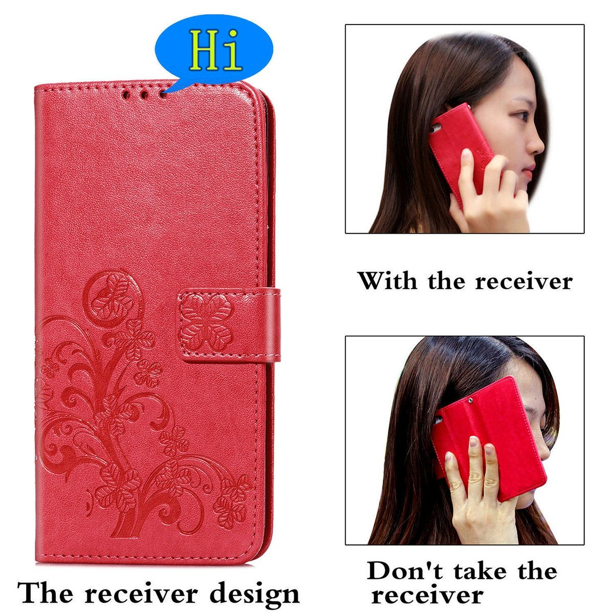 Rote Handyhülle mit floralem Design mit einer Frau, die das Telefon benutzt, und einem Diagramm. Hi-Sprechblase.