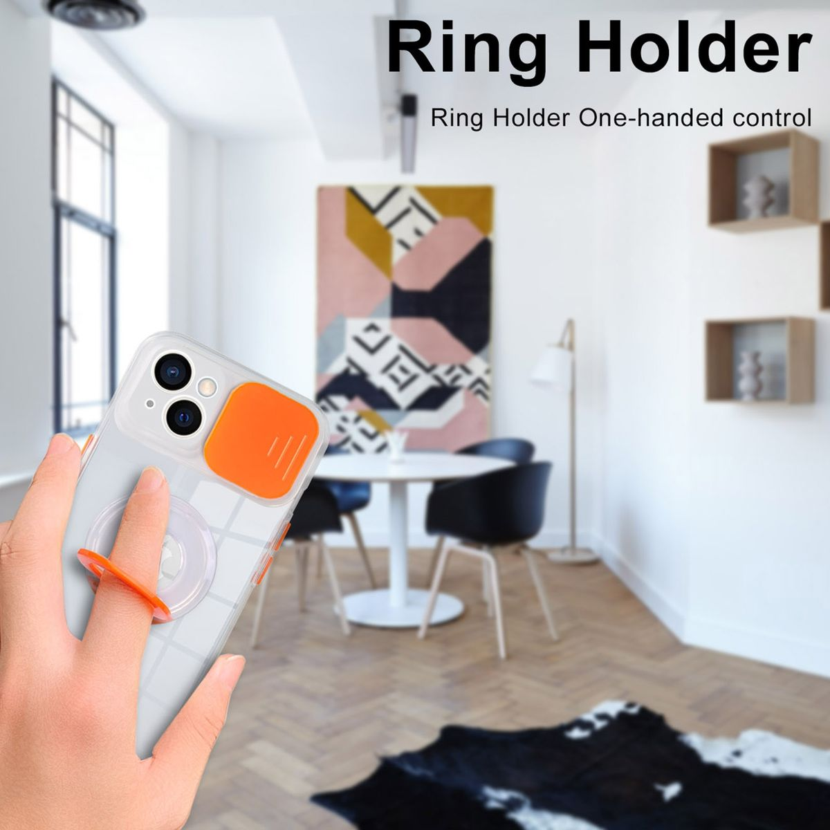 Eine Hand hält ein Telefon mit klarer Hülle. Ein orangefarbener Ringhalter ist sichtbar.