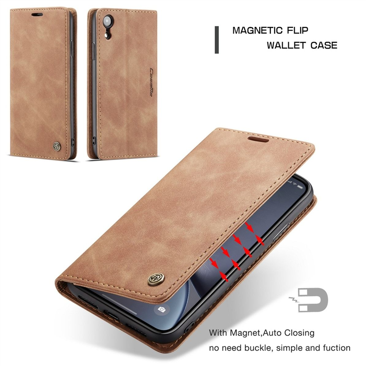Braune Handyhülle mit Telefon. Hülle mit Magnetverschluss. Text: Magnetic Flip Wallet Case.