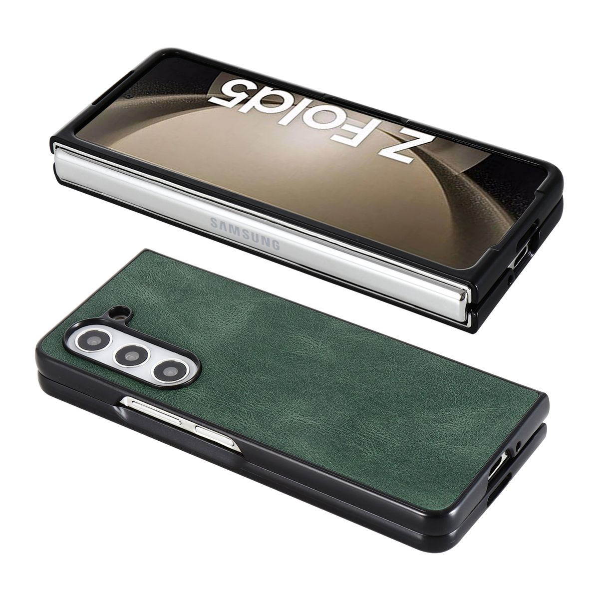 Grüne und schwarze Handyhülle mit einem faltbaren Telefon darin.