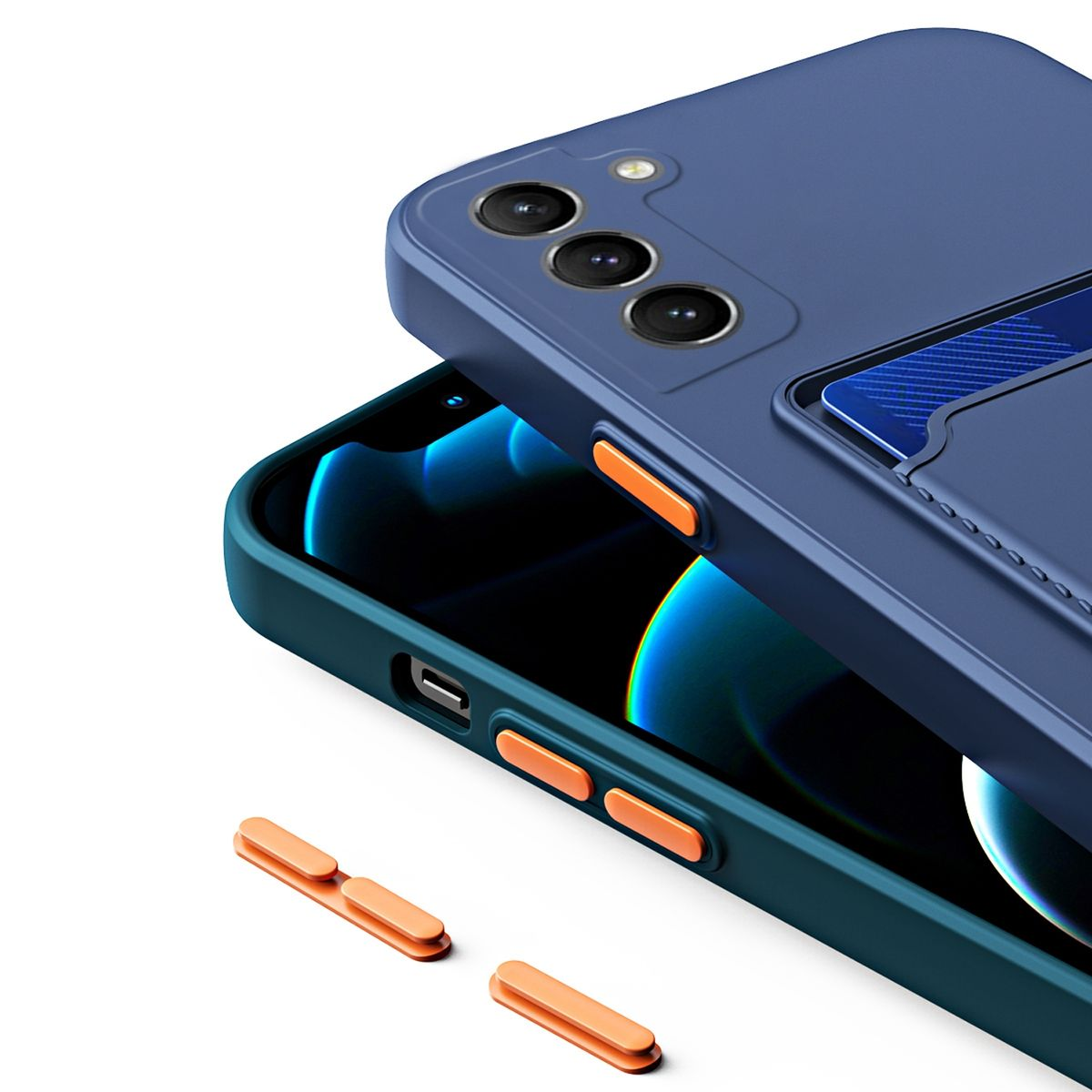 Nahaufnahme einer Handyhülle mit orangefarbenen Knöpfen. Das Telefon ist blau mit einem Kartensteckplatz. Der Hintergrund ist weiß.