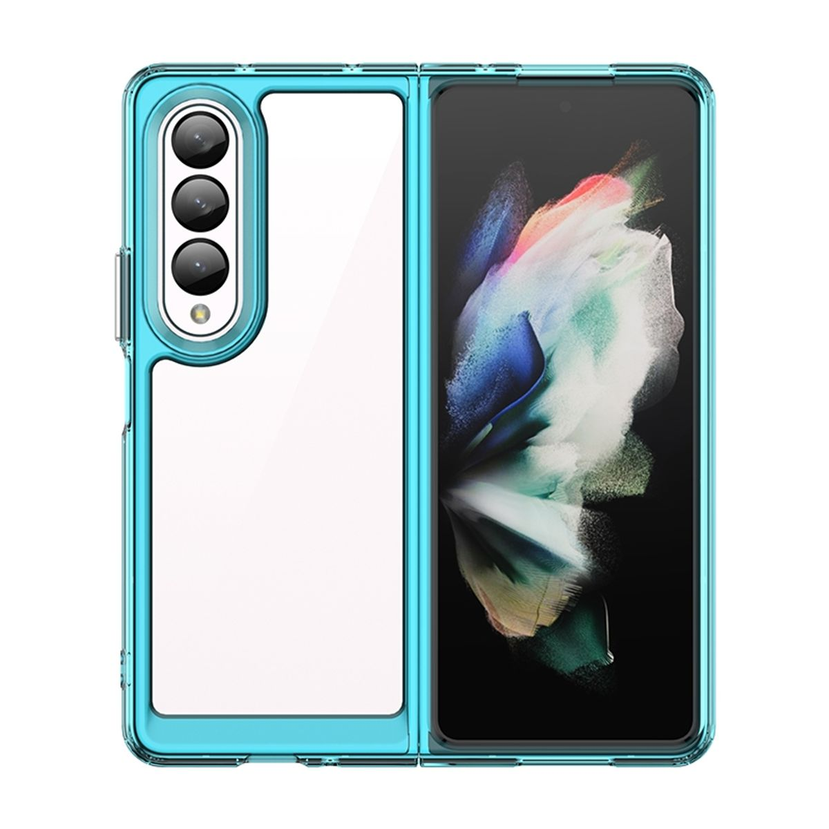 Eine transparente Handyhülle. Es hat einen blauen Umriss. Das Telefon im Inneren ist blau.