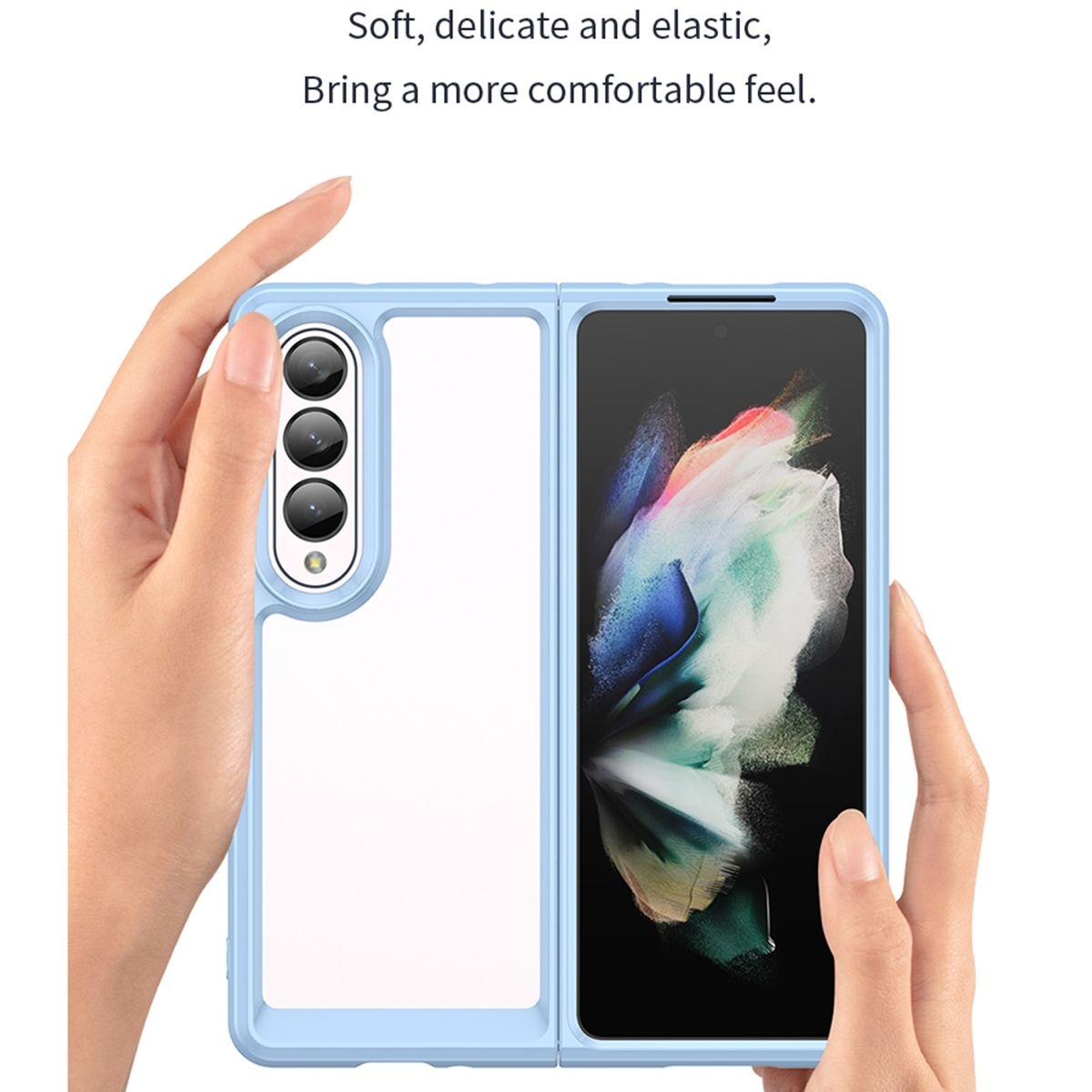 Blaue Handyhülle, zeigt das Telefon in zwei Teilen. Das Telefon ist hellblau.