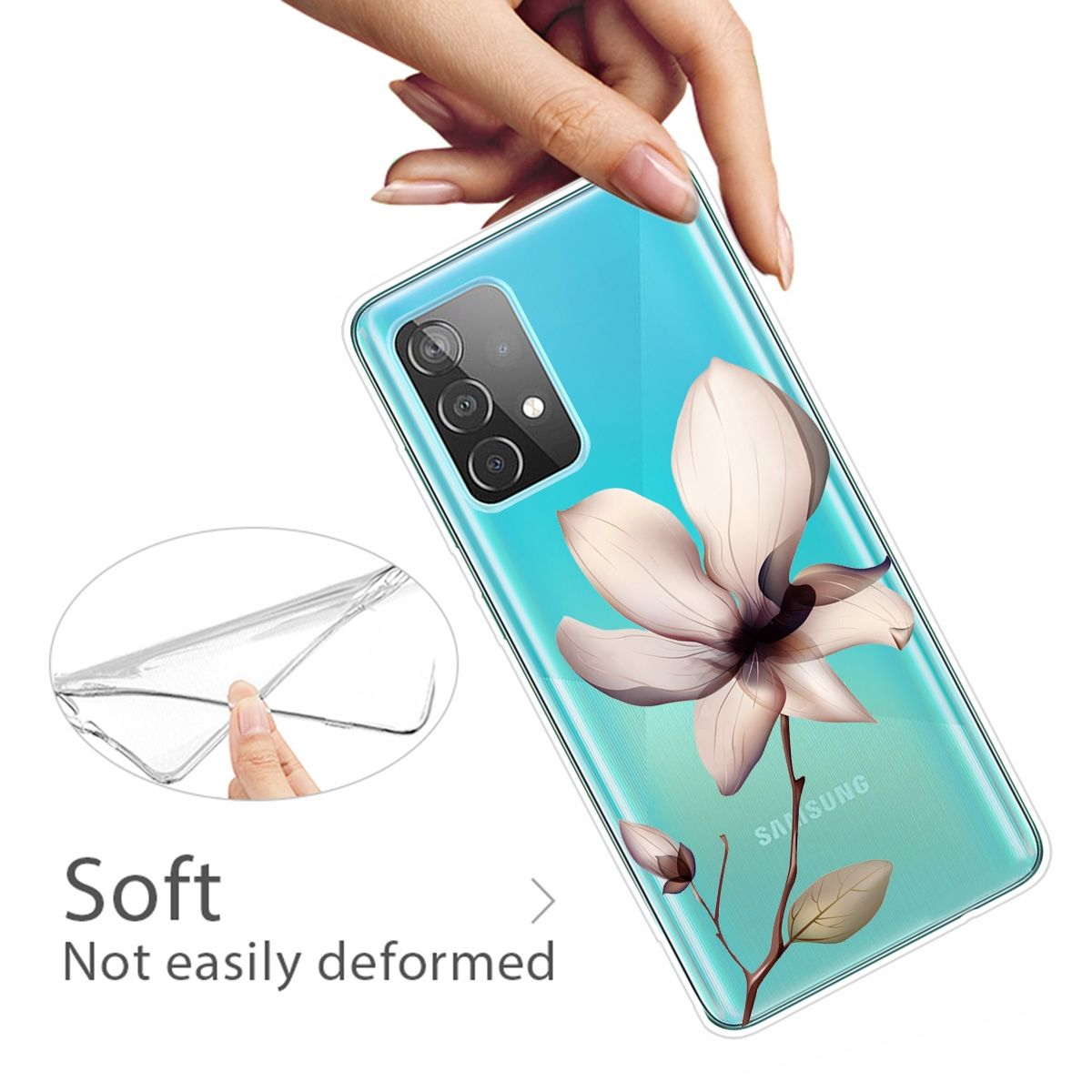 Eine Handyhülle mit einem weißen Blumendesign, die von einer Hand gehalten wird.