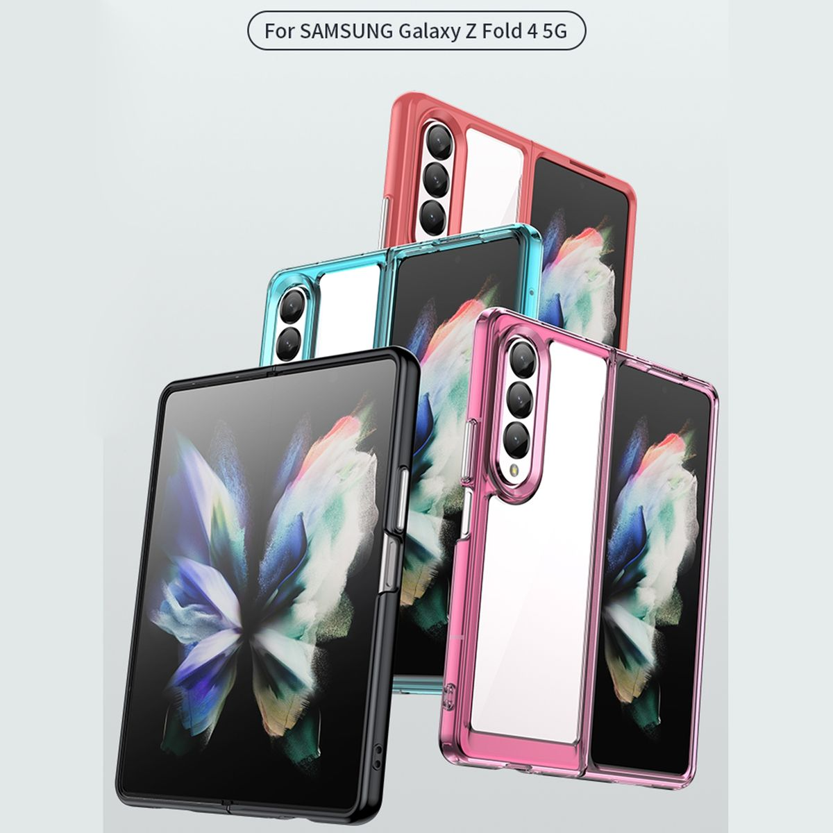 Telefonhüllen für Samsung Galaxy Z Fold 4 5G. Verschiedene Farben, gestapelt, mit geöffneten Telefonen.