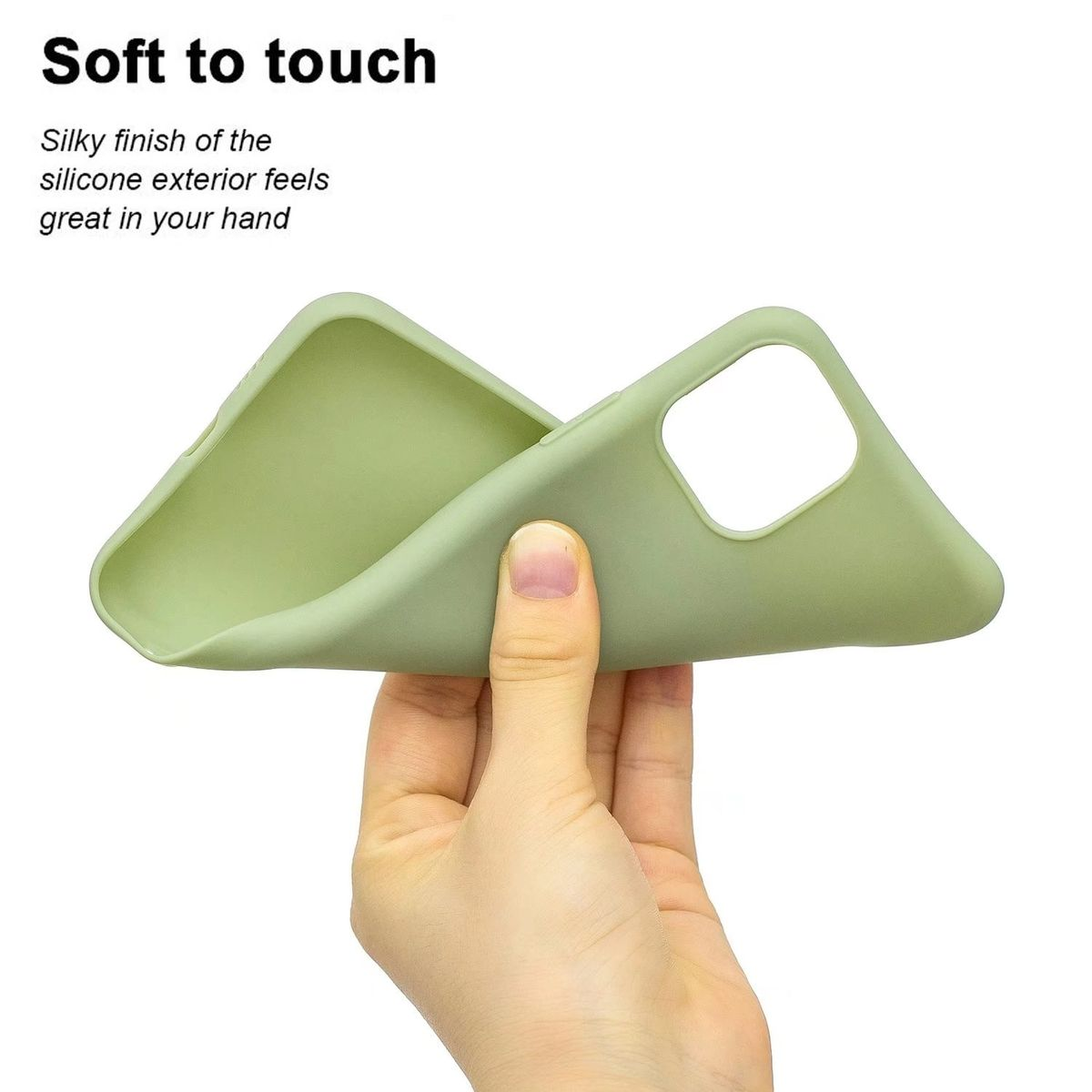 Hand hält eine grüne Handyhülle. Die Hülle besteht aus weichem Material.