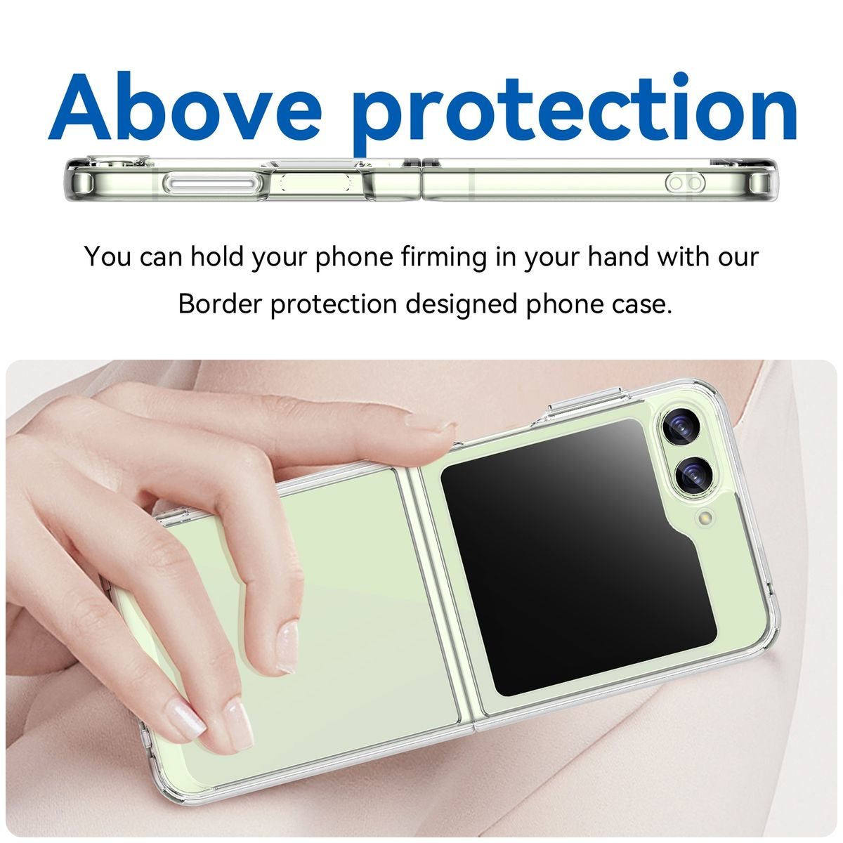 Eine transparente Handyhülle mit Telefon darin, gehalten von einer Hand. Text: Obiger Schutz.