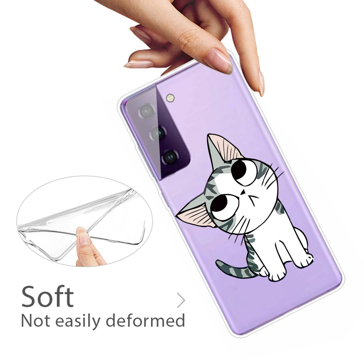 Lila Handyhülle mit Katzendesign. Eine Hand hält den durchsichtigen Teil. Weißer Hintergrund.