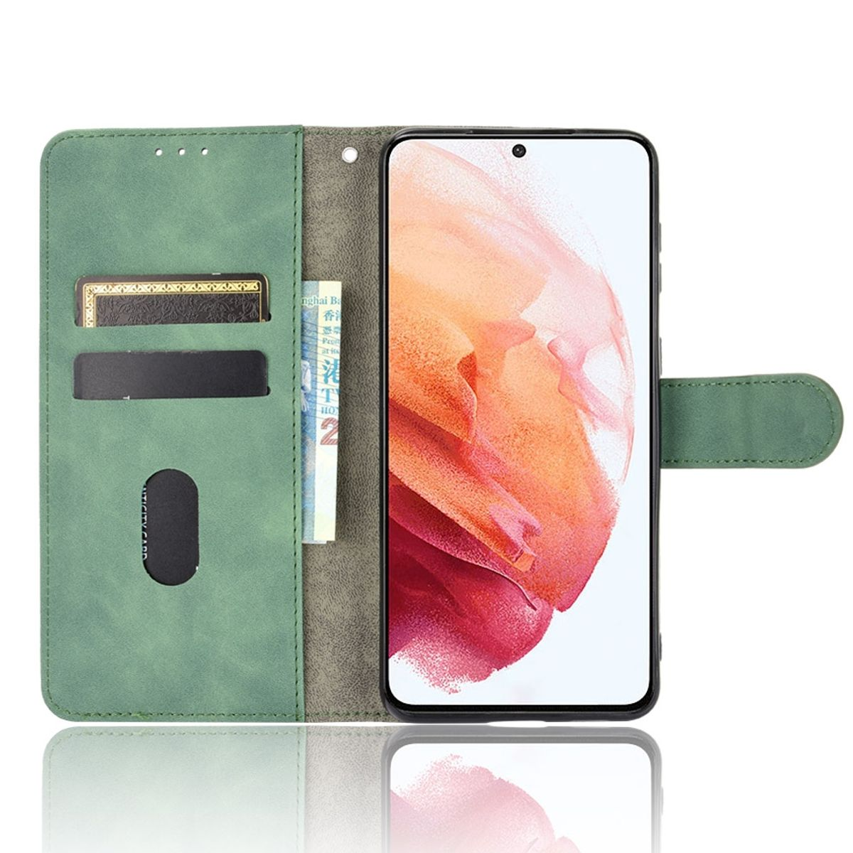 Grüne Handyhülle offen, mit Karten- und Geldscheinfächern. Telefonbildschirm sichtbar. Telefon hat braunen Bildschirm.