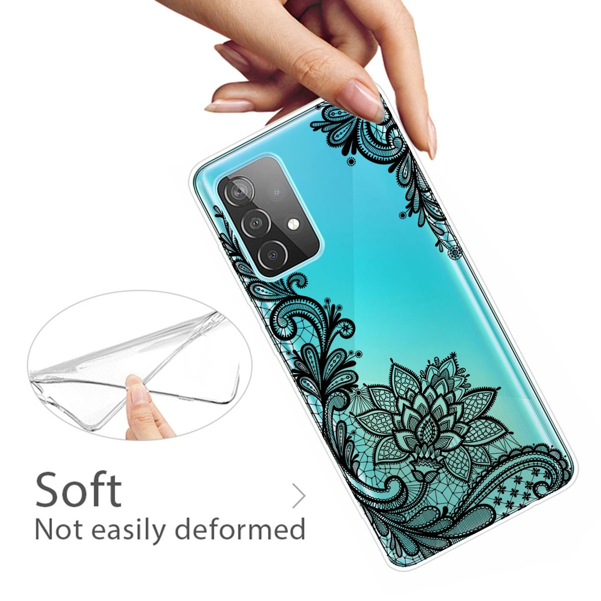 Hand hält Telefon mit schwarzem Spitzenmuster, Text 'Soft Not easily deformed'.