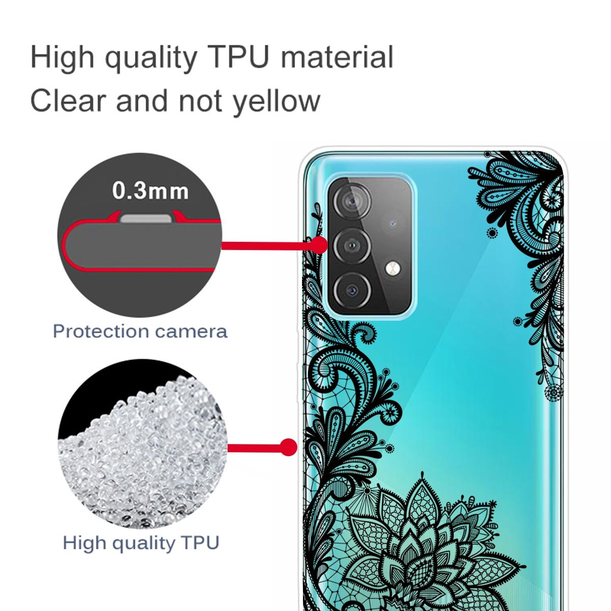 Transparente Handyhülle mit schwarzem Blumendesign und Etiketten für Kamera und TPU-Material.