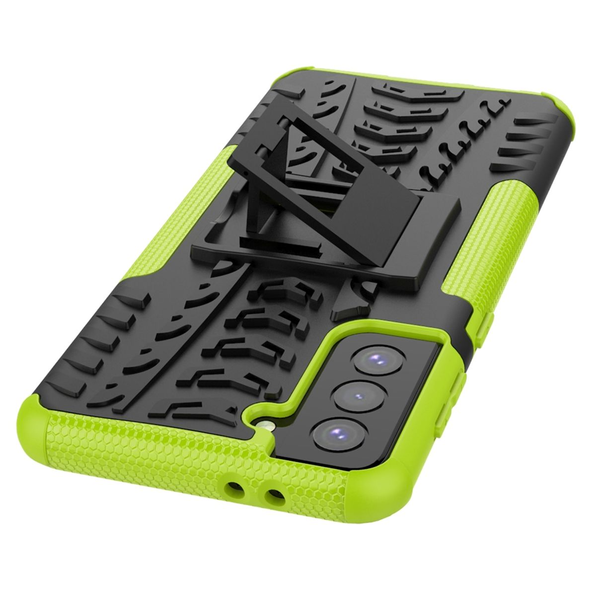 Grün-schwarze Handyhülle mit Ständer, die ein Telefon mit Kameras zeigt.