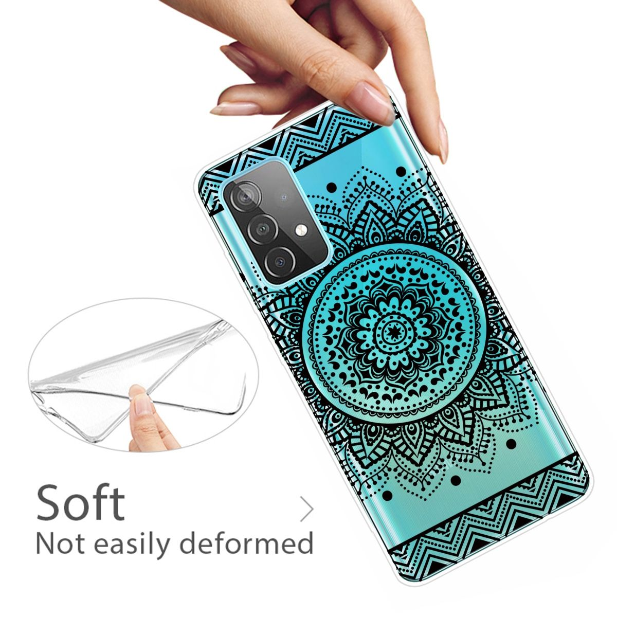 Türkisfarbene Handyhülle mit Mandala-Design. Eine Hand hält den durchsichtigen Teil. Weißer Hintergrund.