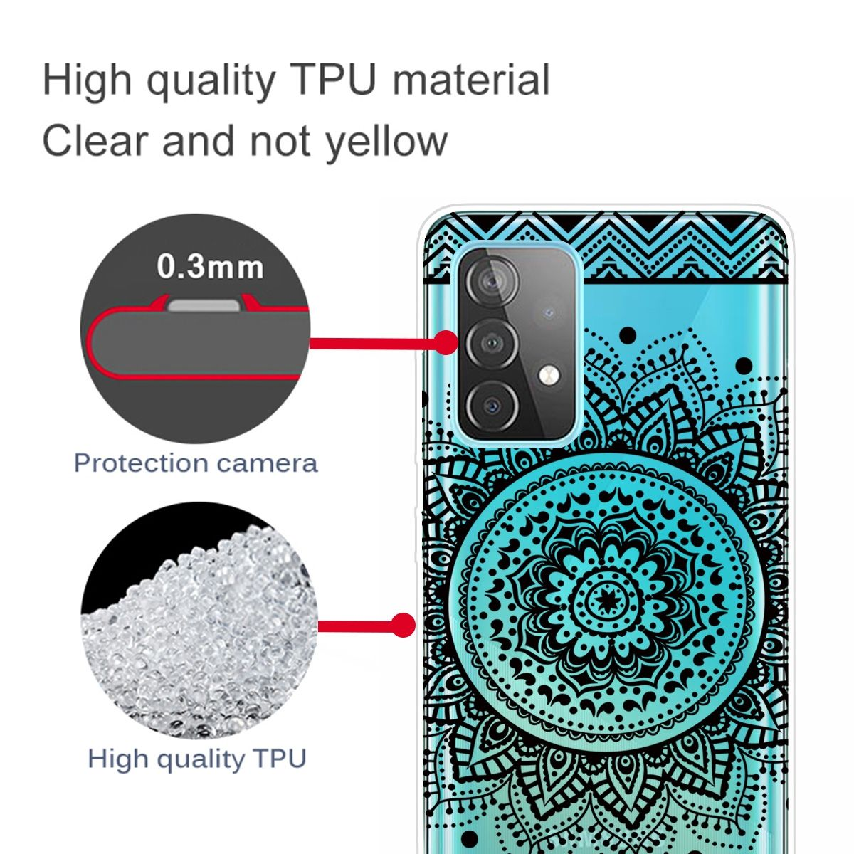 Handyhülle mit Mandala-Design. Das Material ist transparent, mit blauem und schwarzem Muster.