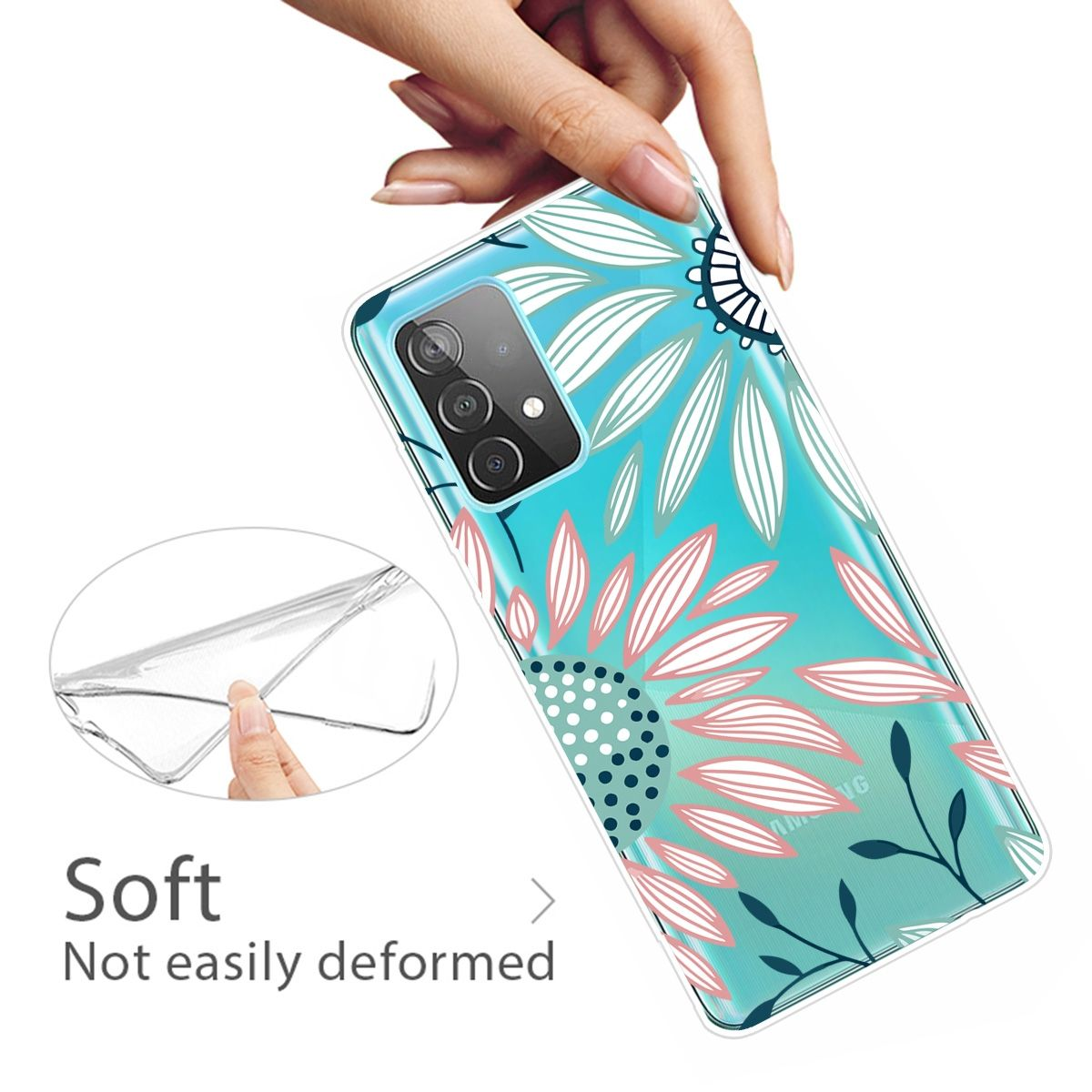 Eine Handyhülle mit blauem Sonnenblumendesign wird gehalten. Die Handyhülle ist transparent.