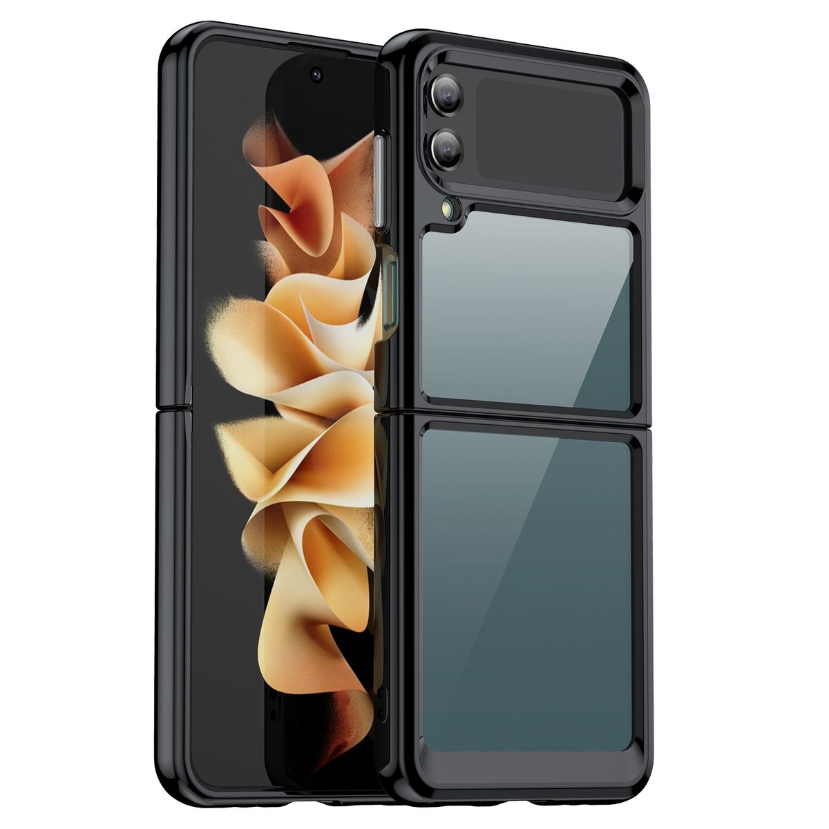 Schwarze Handyhülle für ein faltbares Telefon, zeigt das Telefon in geschlossener und offener Position.