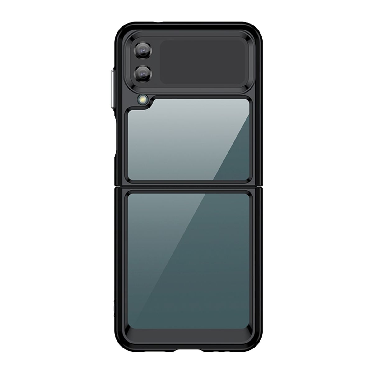 Schwarze Handyhülle, offen, mit Telefonkamera und klarem Bildschirm.