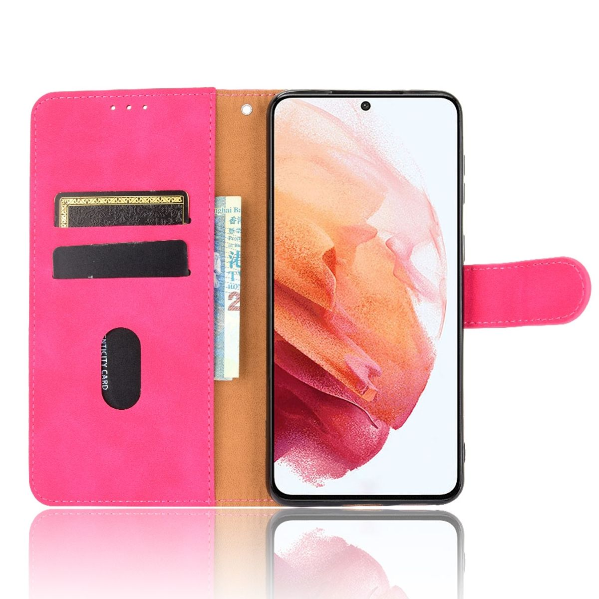 Offene pinke Handyhülle mit Karten und Telefon darin.