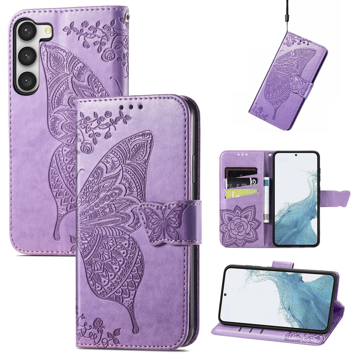 Lila Handyhülle mit Schmetterlingsdesign. Die Hülle ist offen und zeigt ein Telefon, Karten und Geld.