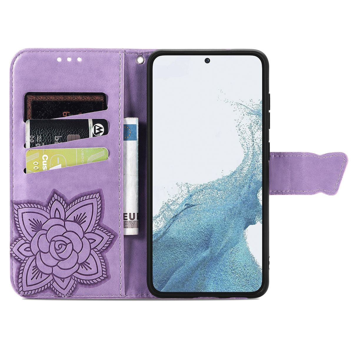 Lila Handyhülle mit Blumendesign und Karten, offen. Telefon zeigt weißen Bildschirm. Lila Lederstil.