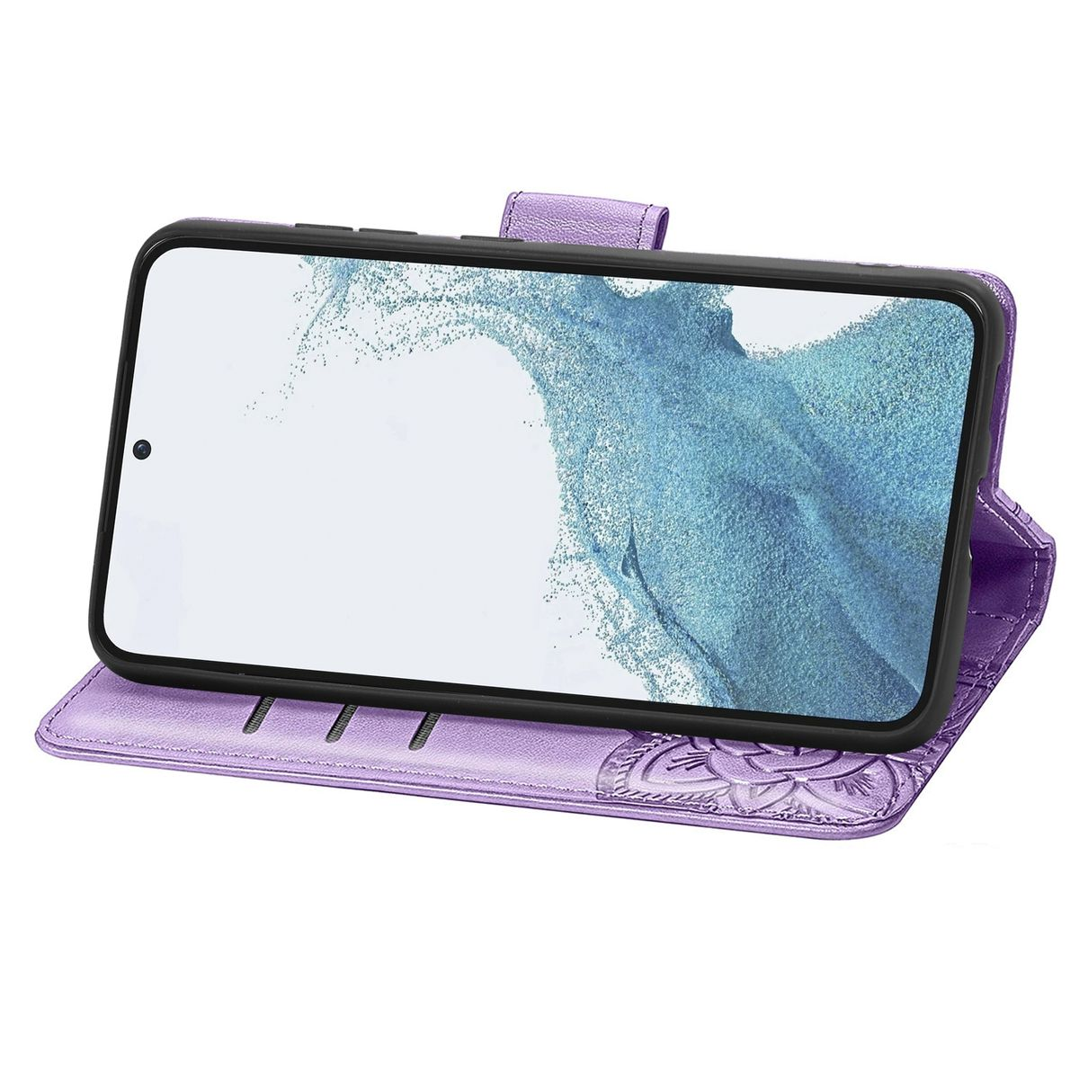 Lila Handyhülle, offen, mit Telefon und floralem Muster.