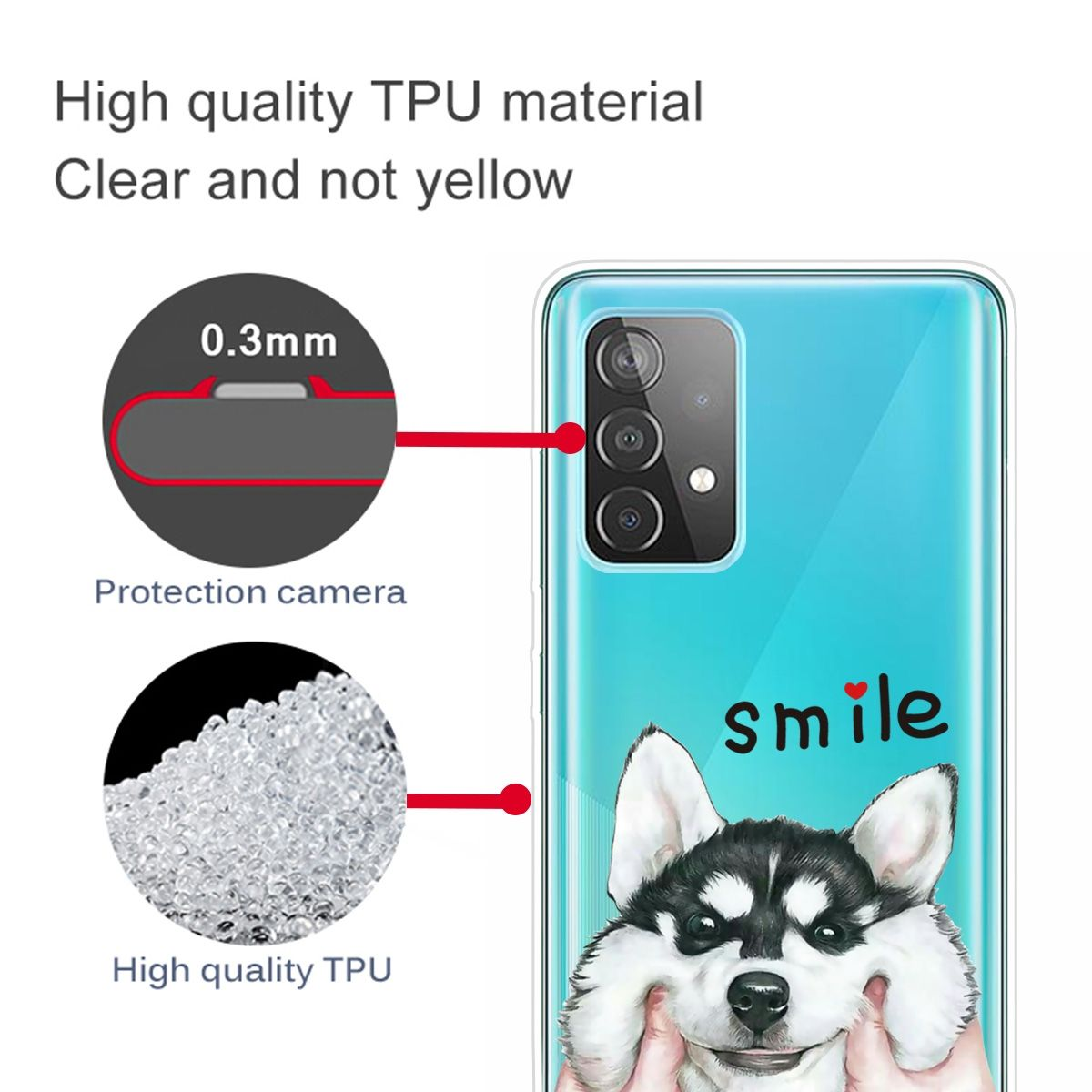 Handyhülle mit lächelndem Husky. Text: Hochwertiges TPU-Material, klar, 0,3 mm.