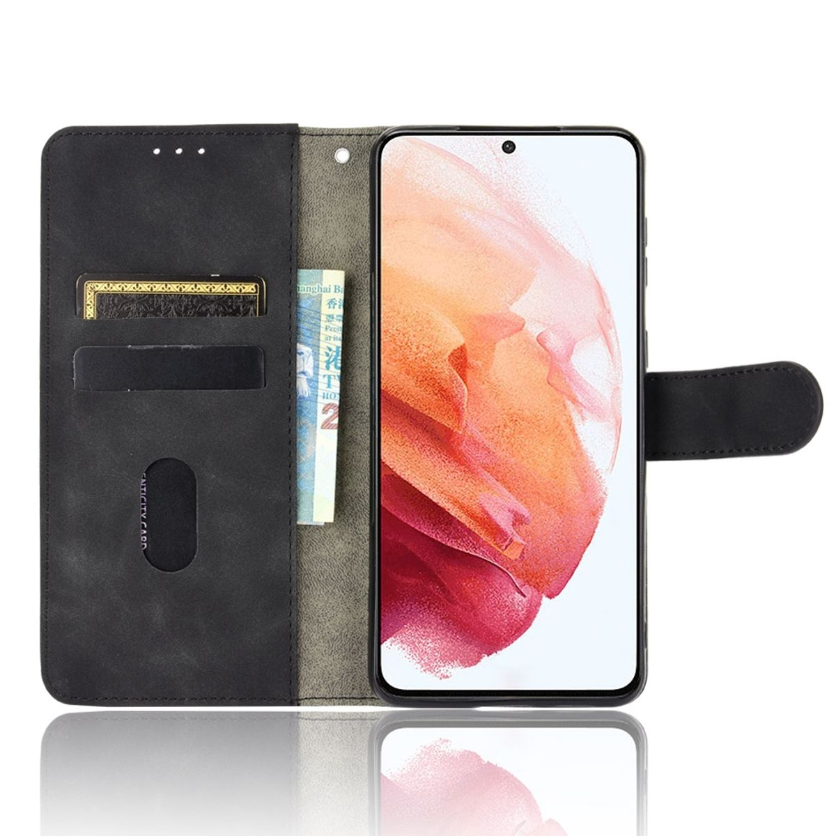 Schwarze Handyhülle mit Telefon. Sie hat Kartenfächer.