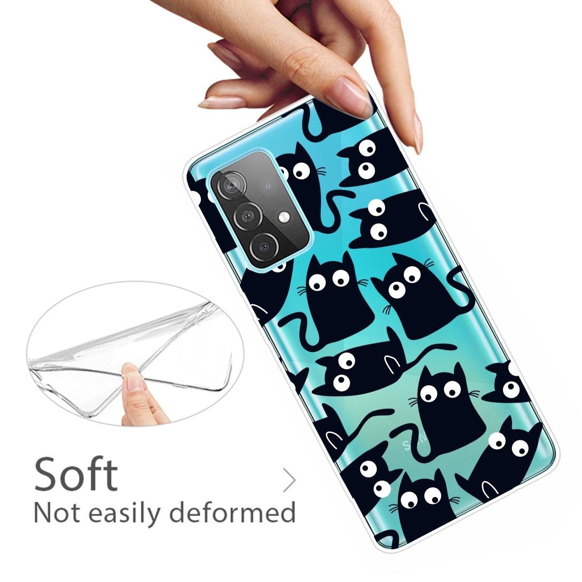 Hand, die eine Handyhülle mit schwarzem Katzenmuster auf blauem Hintergrund hält.