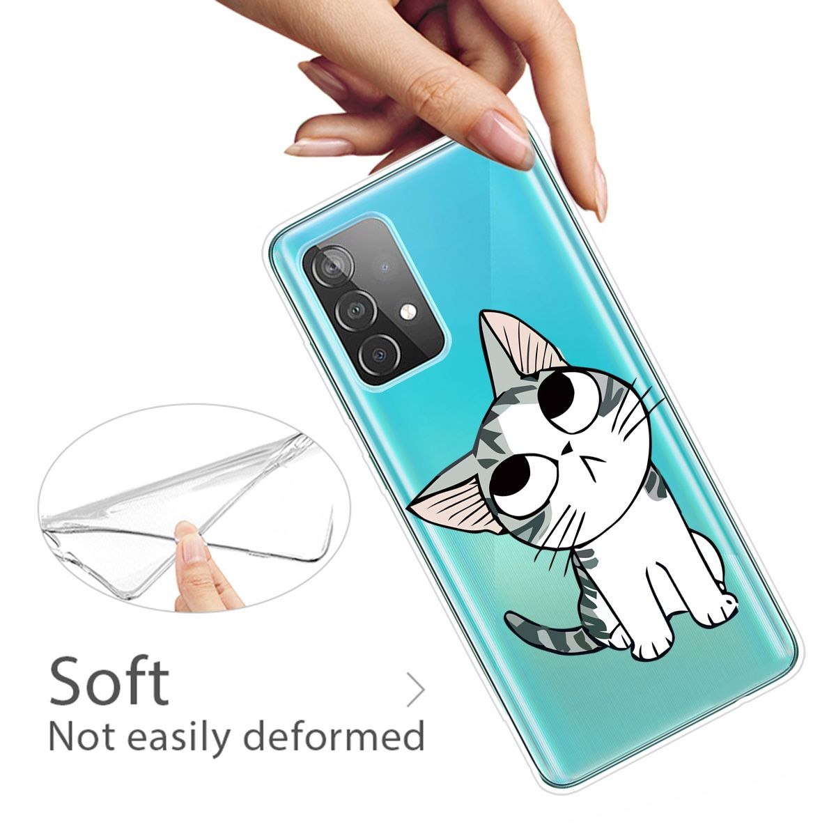 Eine transparente Handyhülle mit einem Cartoon-Katzen-Design wird von einer Hand gehalten. Die Hülle scheint weich zu sein.