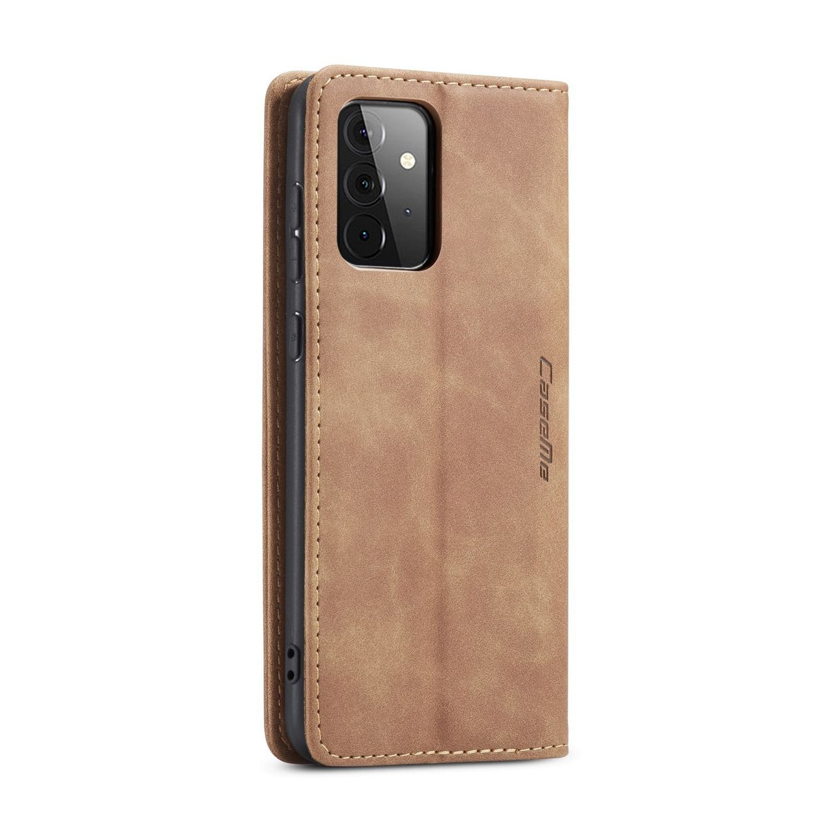 Braune Leder-Handyhülle, geschlossen. Das Telefon hat drei Rückkameras.