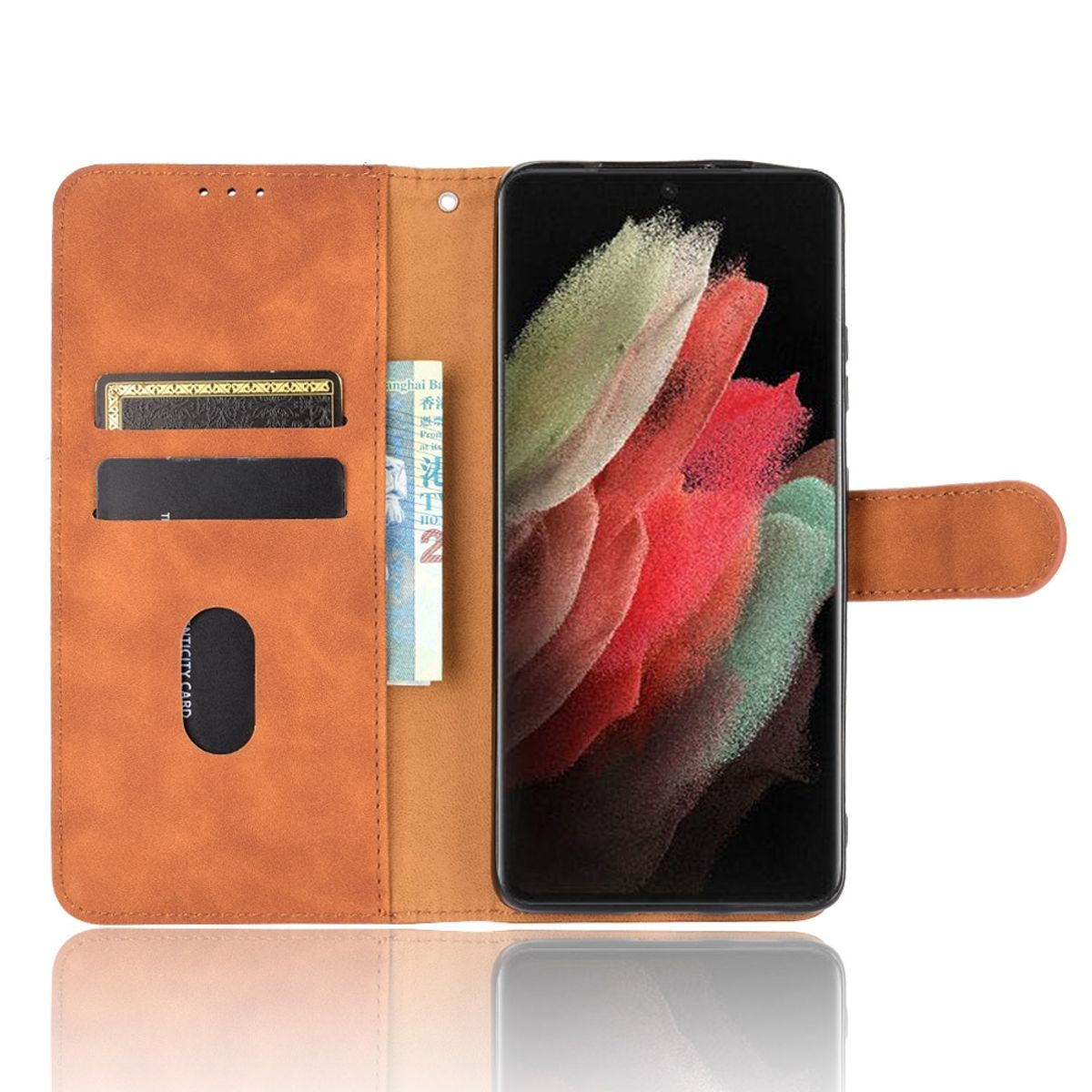 Eine braune Handyhülle mit sichtbarem Geld und Karte. Der Telefonbildschirm zeigt einen bunten Hintergrund.