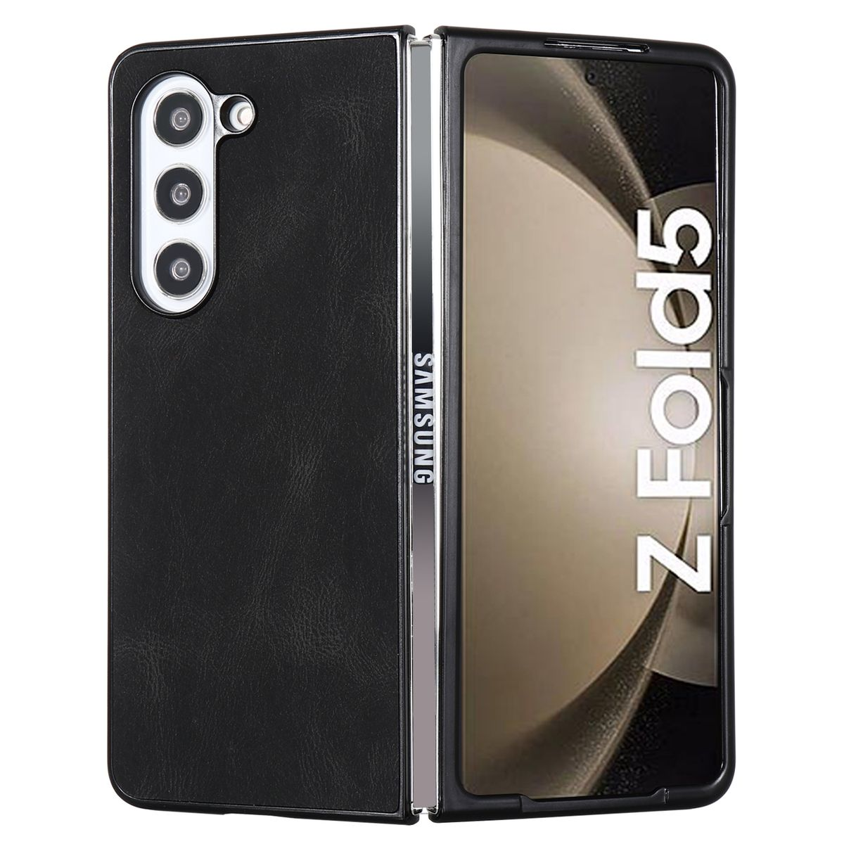 Eine schwarze Handyhülle geöffnet, zeigt ein Samsung-Handy. Das Telefon ist geöffnet und der Bildschirm ist an.