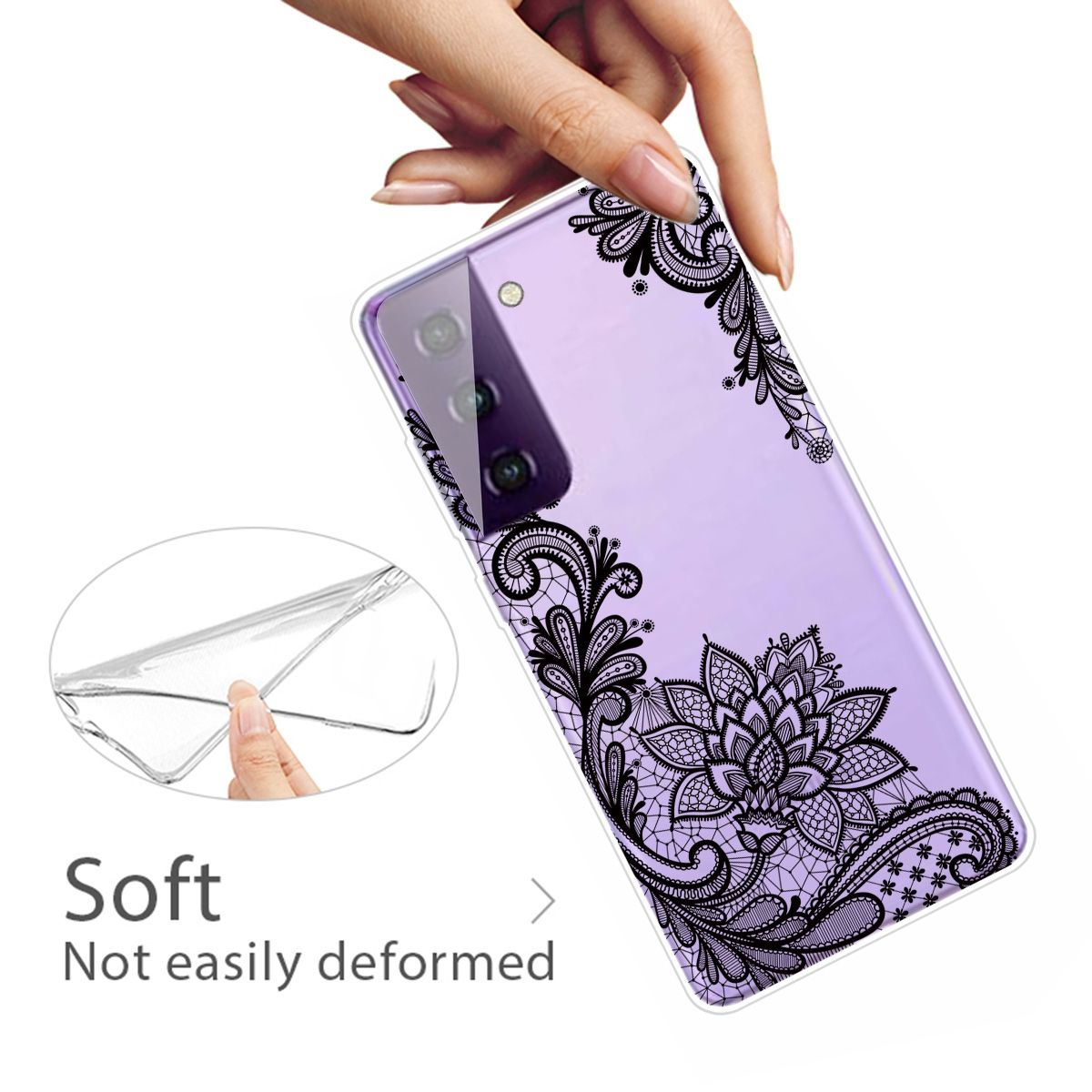 Transparente Handyhülle mit lila Hintergrund und schwarzem Spitzendesign, gehalten von einer Hand.