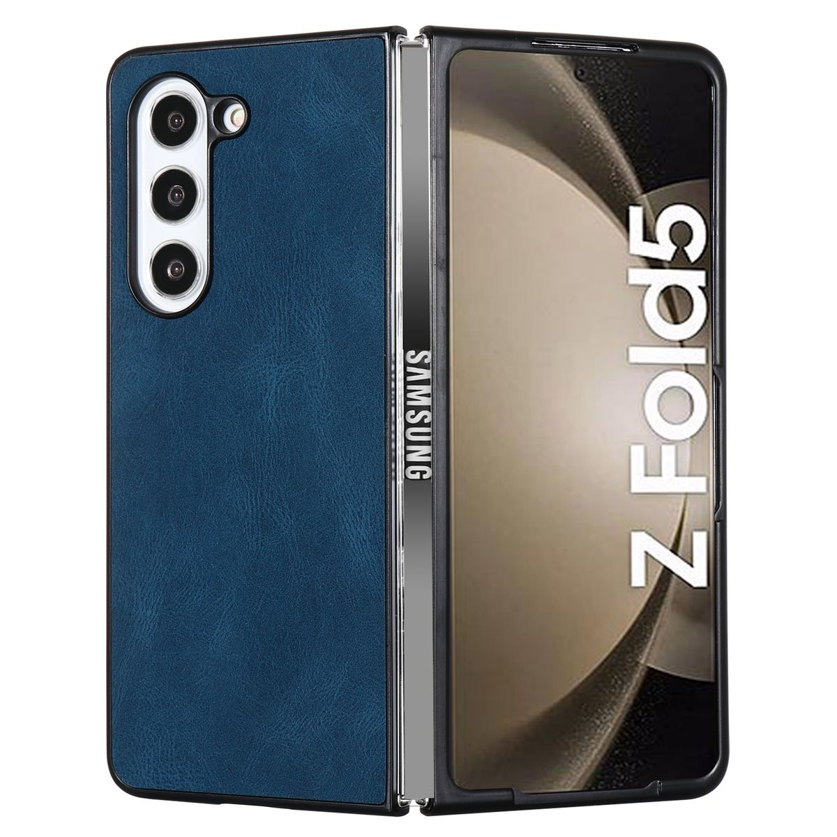 Blaue Handyhülle, offen, mit Bildschirm, der ein Telefon zeigt. Z Fold5 steht auf dem Bildschirm.