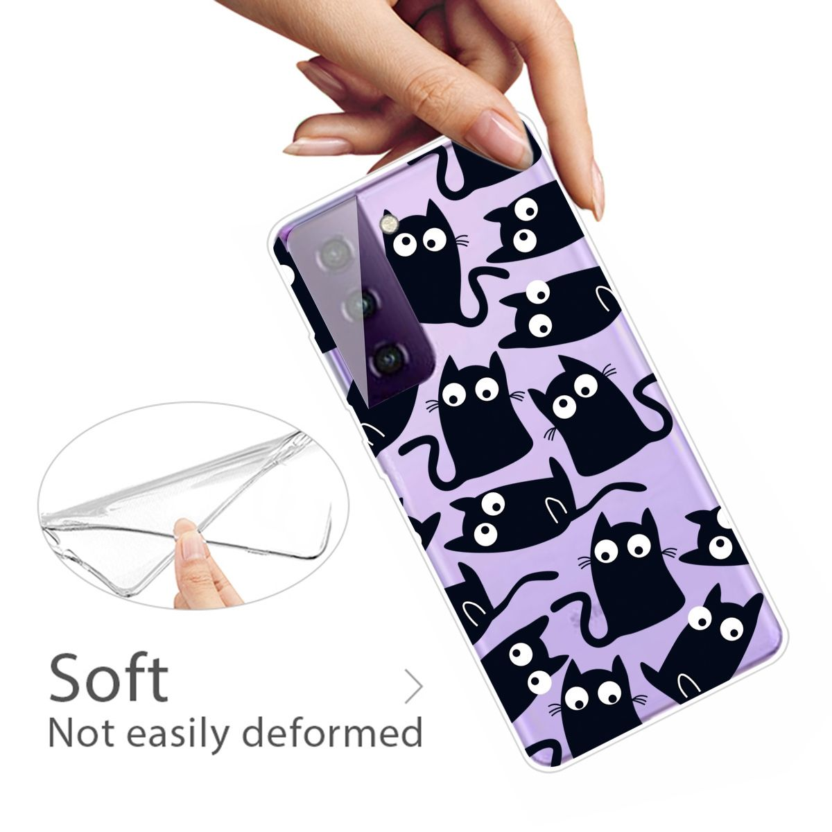 Eine Handyhülle mit schwarzem Katzendesign. Das Telefon befindet sich in der Hülle, Nahaufnahme, auf weißem Grund.