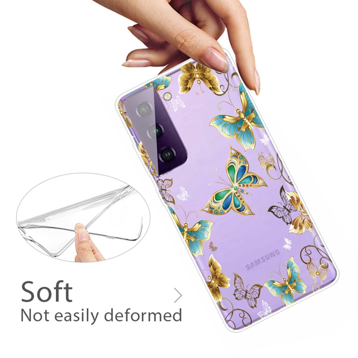 Transparente Handyhülle mit Schmetterlingsmuster. Das Telefon ist lila, mit goldenen und blauen Schmetterlingen.