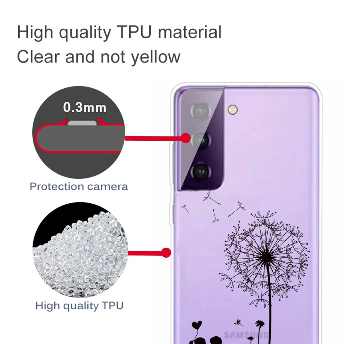 Lila Handyhülle mit Pusteblumen-Design, zeigt ein Telefon.