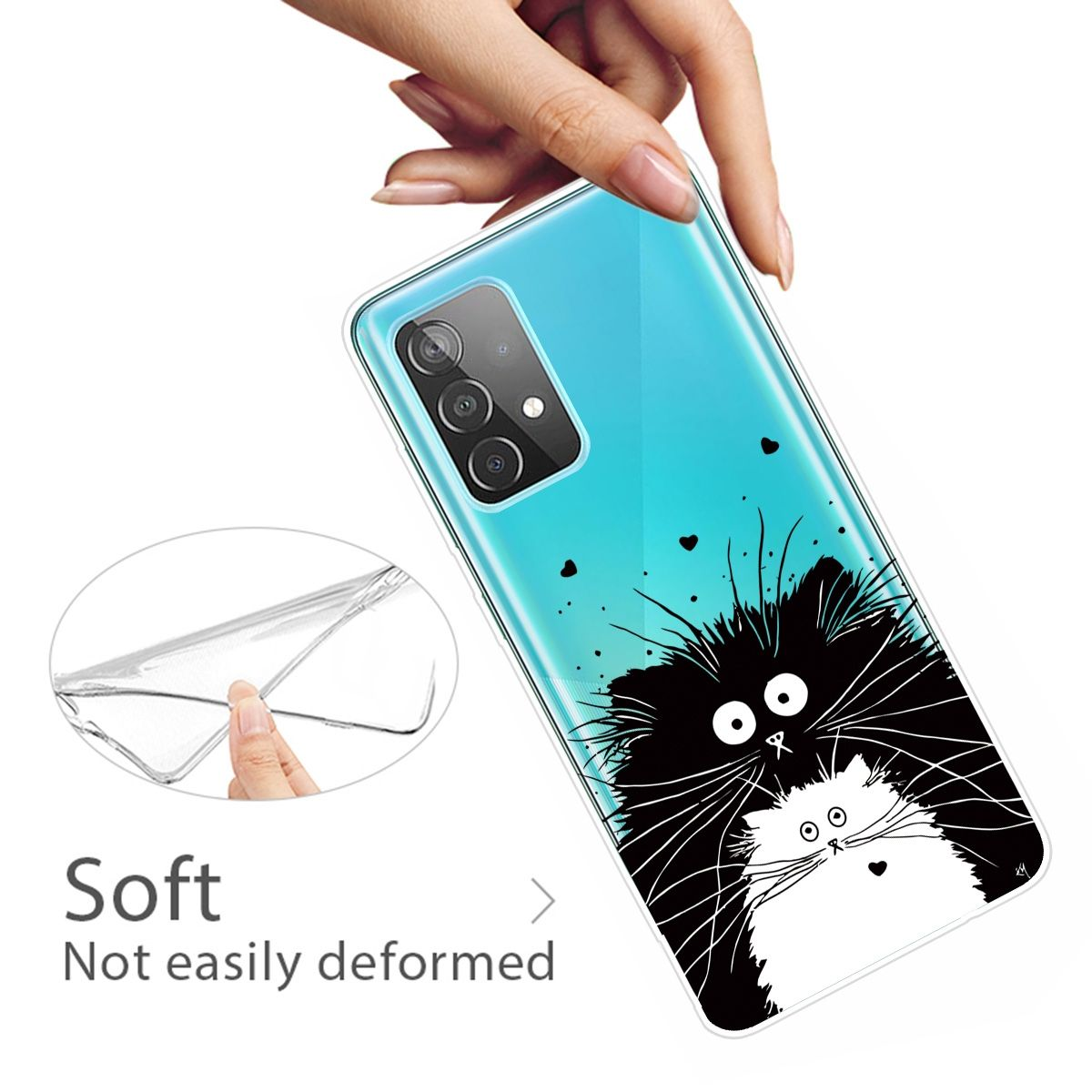 Transparente Handyhülle mit Katzenmotiv. Text: Weich, nicht leicht verformbar, auf blauem Telefon.
