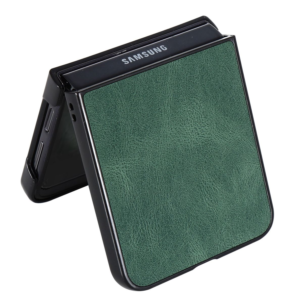 Eine grüne Handyhülle ist gefaltet und geschlossen. Das Telefon ist ein Samsung.