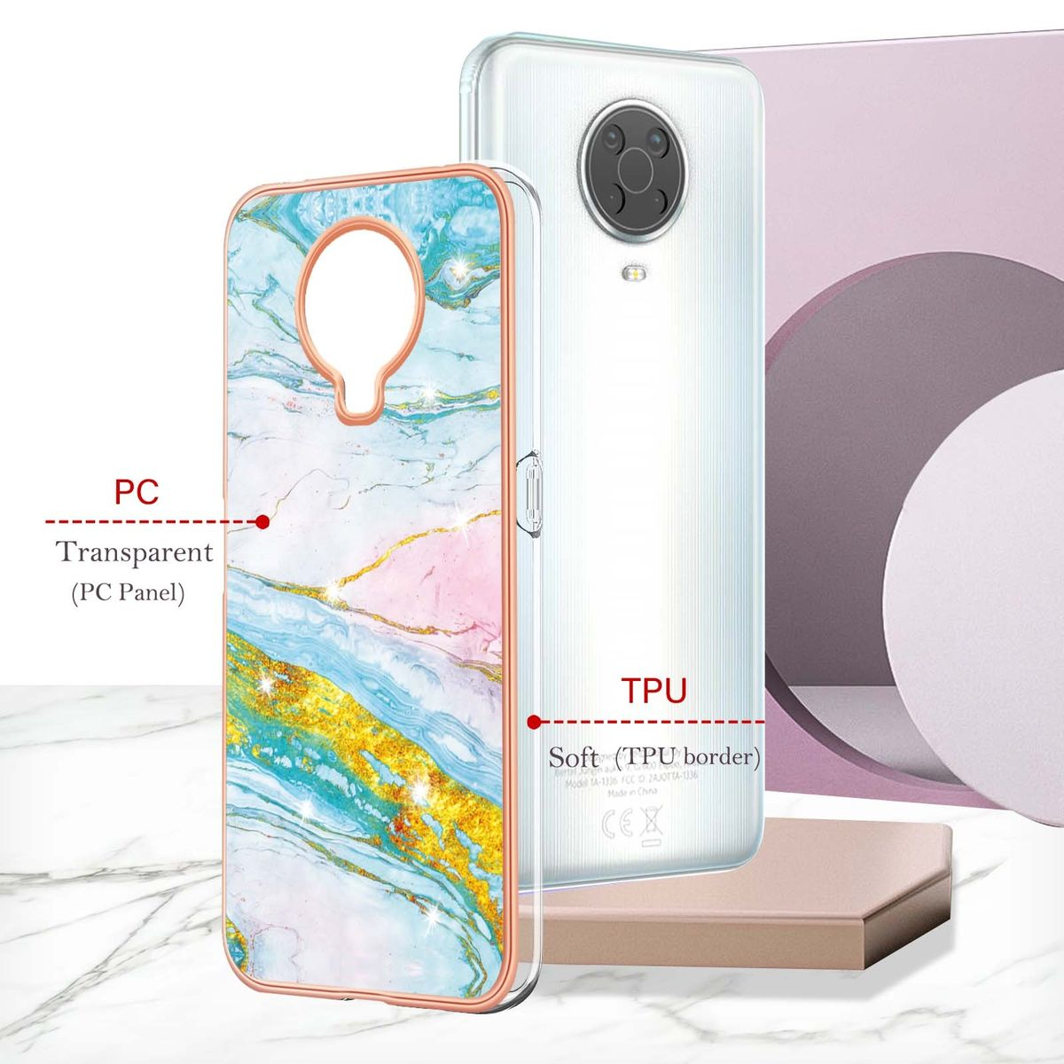 Zwei Handyhüllen. Eine ist transparent mit Marmordesign, die andere ist weiß mit dem Telefon.