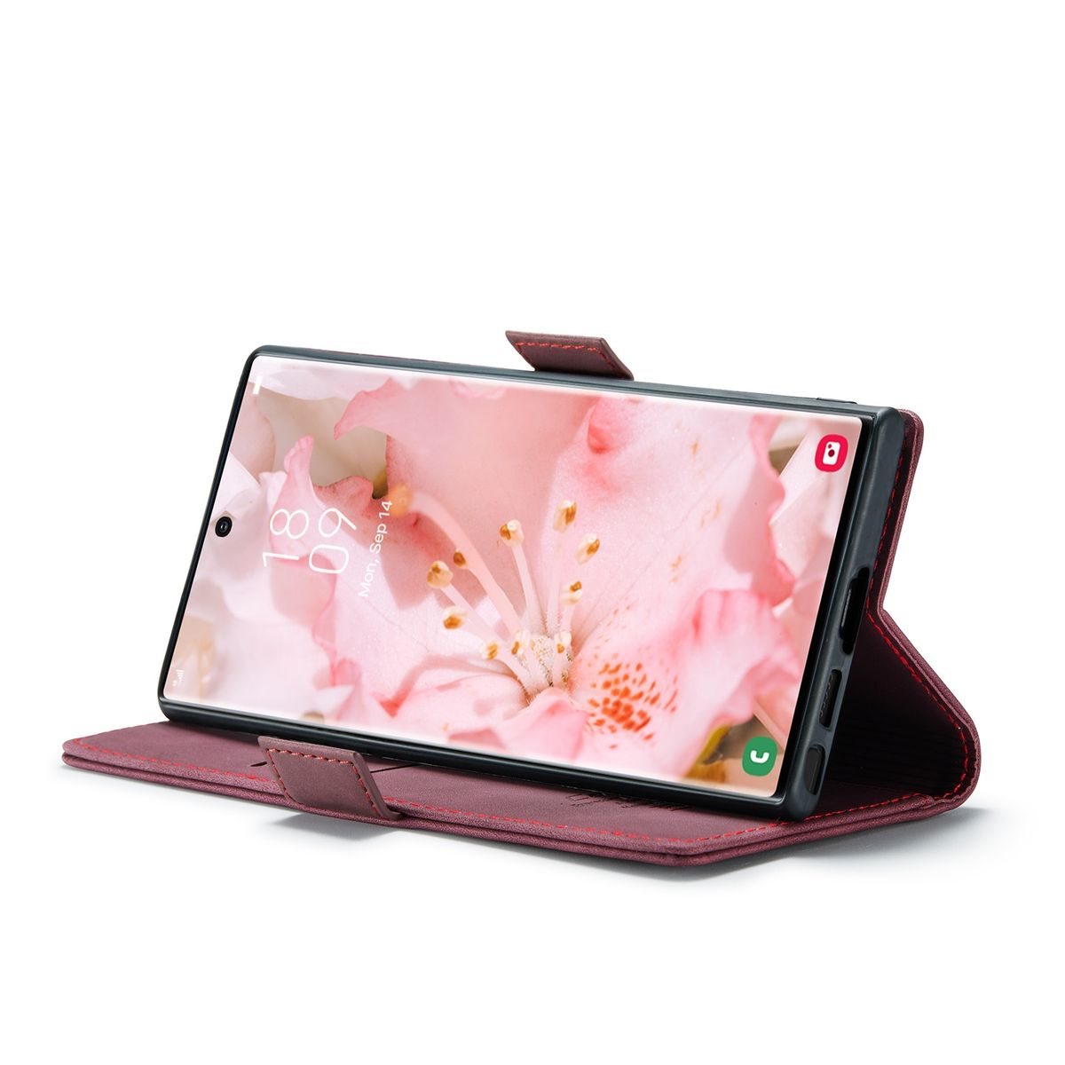 Telefon in rotem Case. Der Telefonbildschirm zeigt ein Blumenbild.