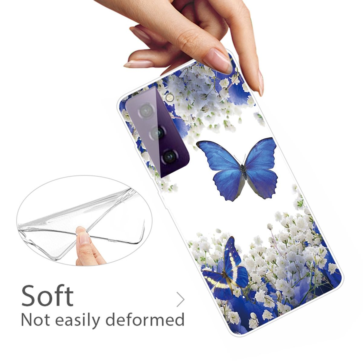 Eine Hand hält eine Handyhülle mit Schmetterlingen und Blumen. Eine klare Hülle wird gezeigt.