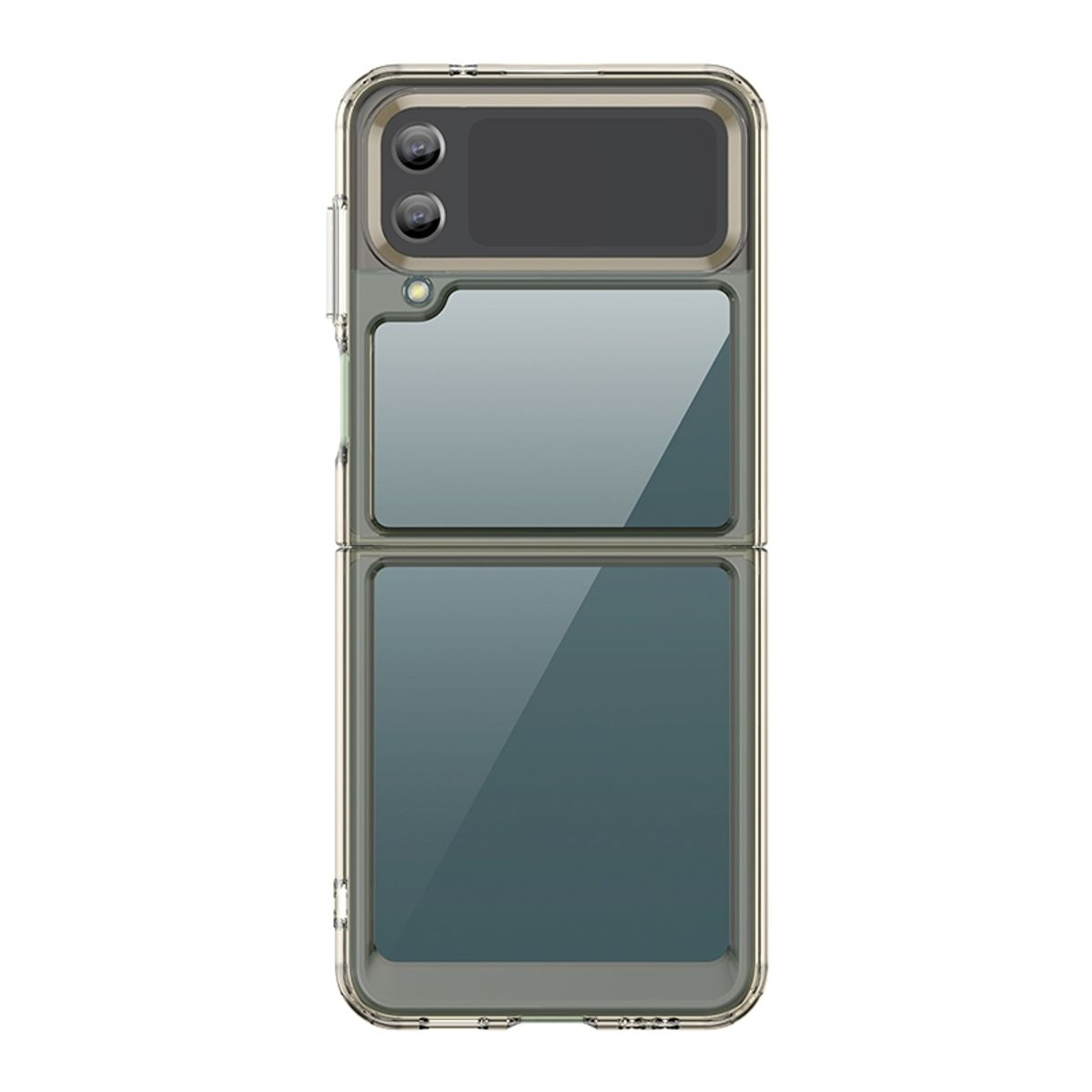 Faltbare transparente Handyhülle, die Rück- und Vorderseite des Telefons zeigt, in einem Winkel geöffnet.