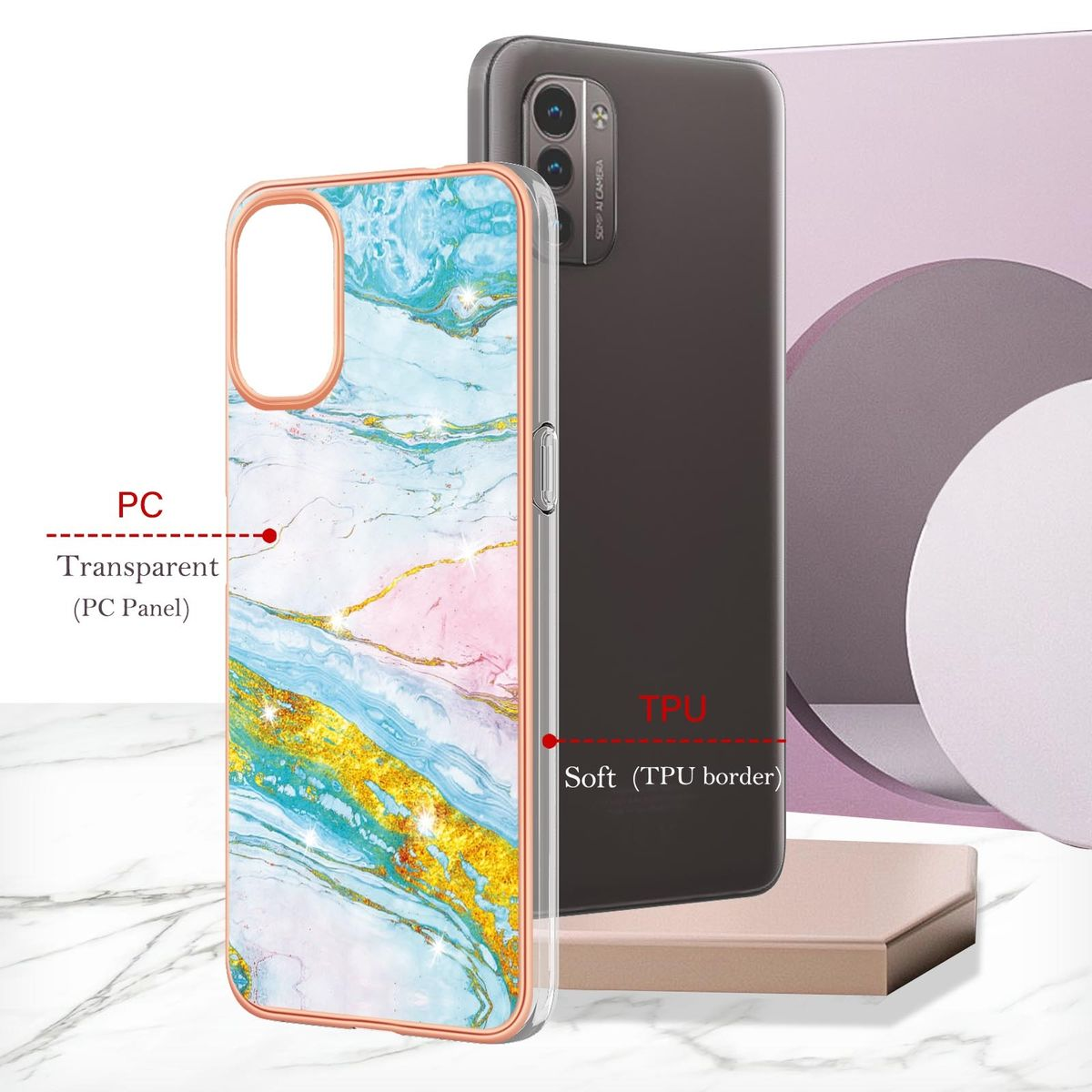 Zwei Handyhüllen. Eine mit Marmordesign, die andere schwarz. Text zeigt PC- und TPU-Materialien an.