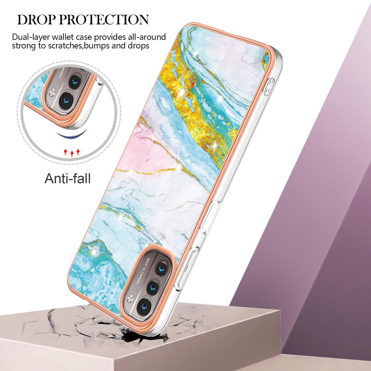Handyhülle, weiß, blau und goldfarbenes Design. Zeigt Text und Pfeile. Ein Telefon ist darin. Anti-Fall-Schutz.