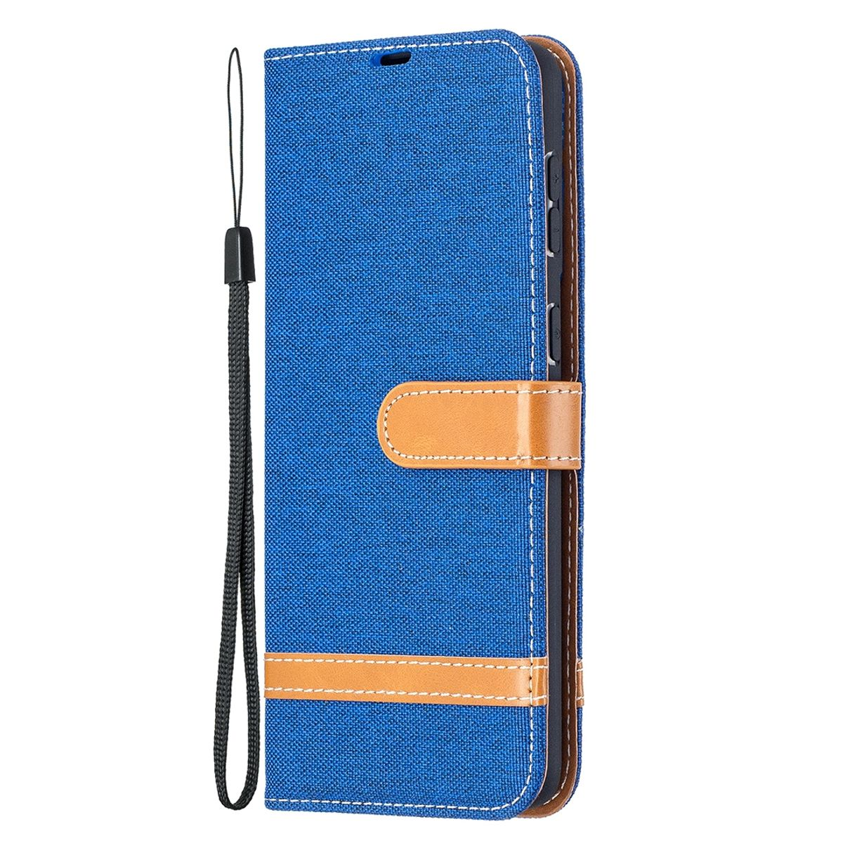 Blaue Handyhülle mit braunem Lederriemen. Blaue Canvas-Handyhülle mit braunem Lederriemen.